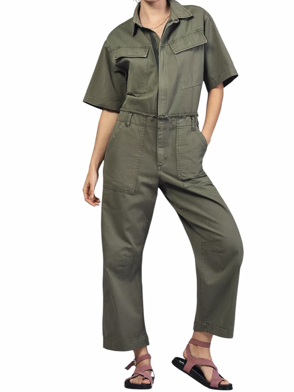 Pistola Olive Green "Pippa" Utility Short-Sleeve Curved Leg Jumpsuit XXS NEW